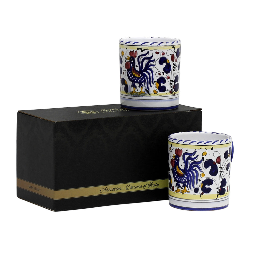 GIFT BOX: With two Deruta Mugs - ORVIETO BLUE ROOSTER Design - Artistica.com