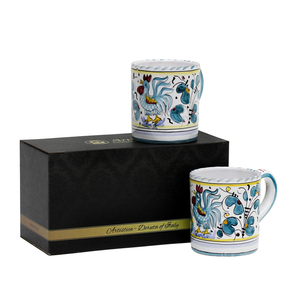 GIFT BOX: With two Deruta Mugs - ORVIETO GREEN ROOSTER Design - Artistica.com