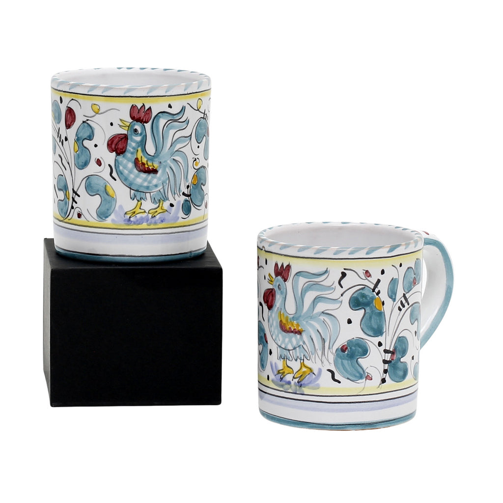 GIFT BOX: With two Deruta Mugs - ORVIETO GREEN ROOSTER Design - Artistica.com
