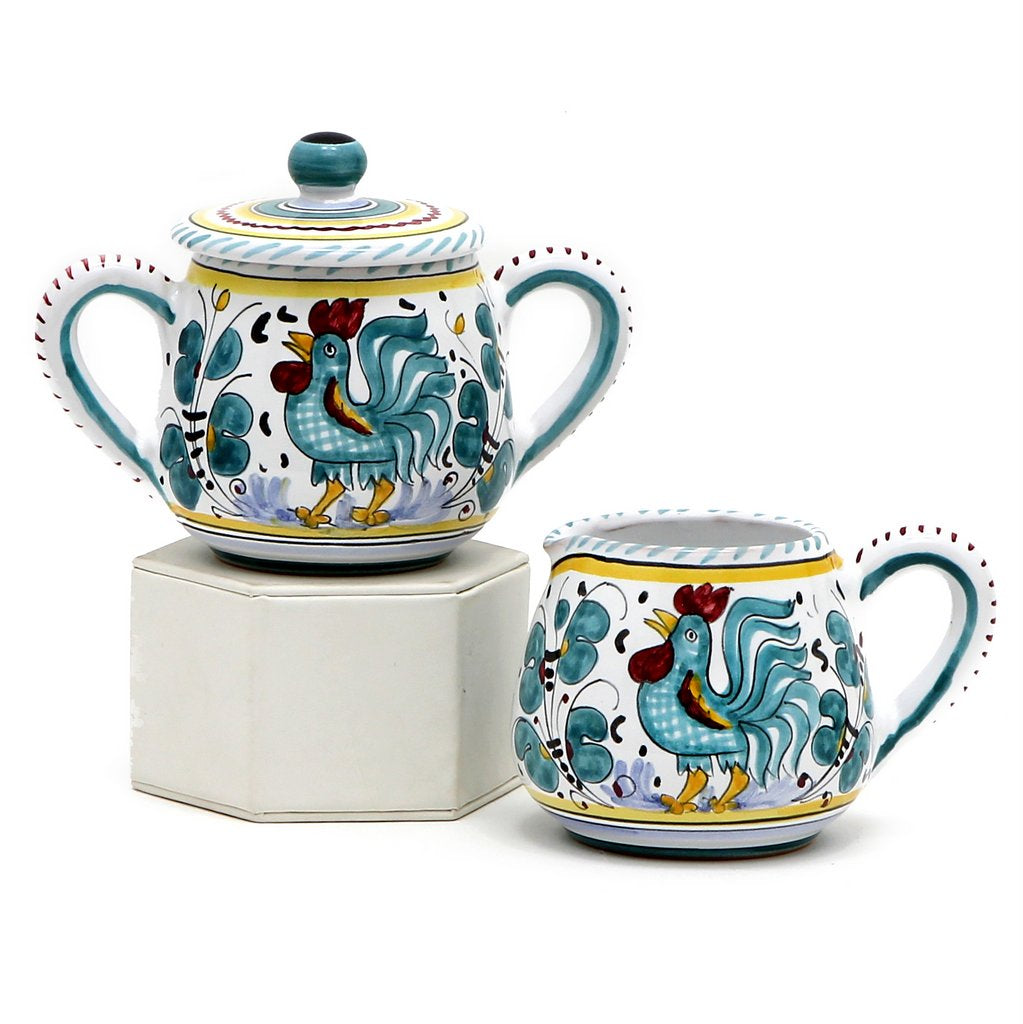 ORVIETO GREEN ROOSTER: Sugar and Creamer - Artistica.com