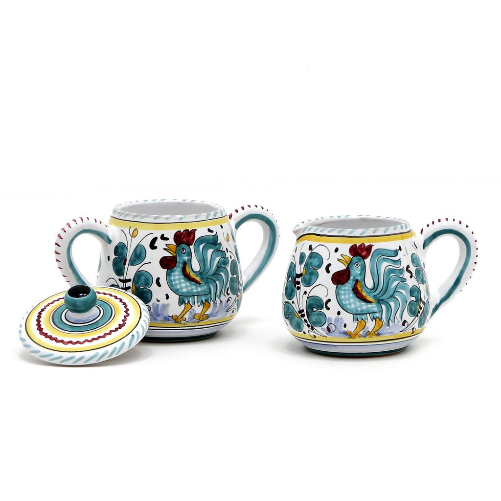 ORVIETO GREEN ROOSTER: Sugar and Creamer - Artistica.com