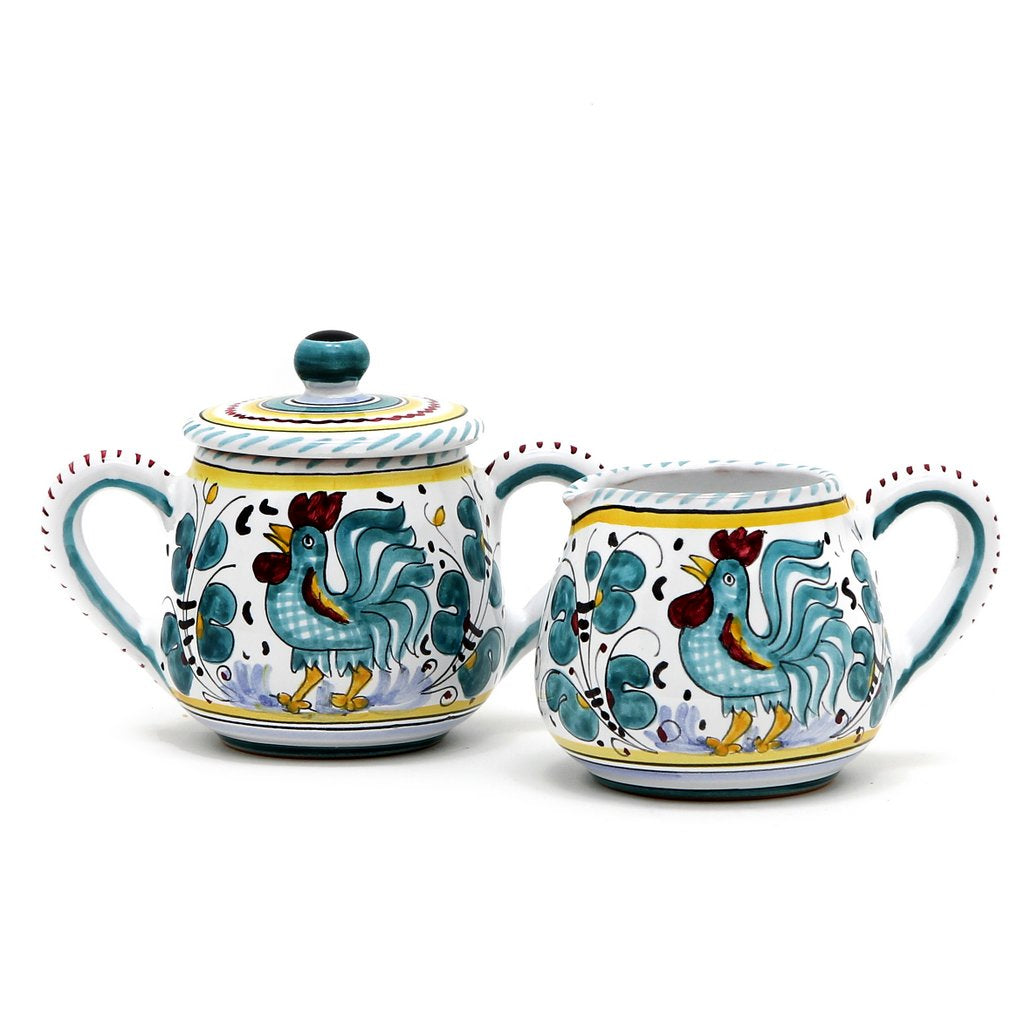 ORVIETO GREEN ROOSTER: Sugar and Creamer - Artistica.com