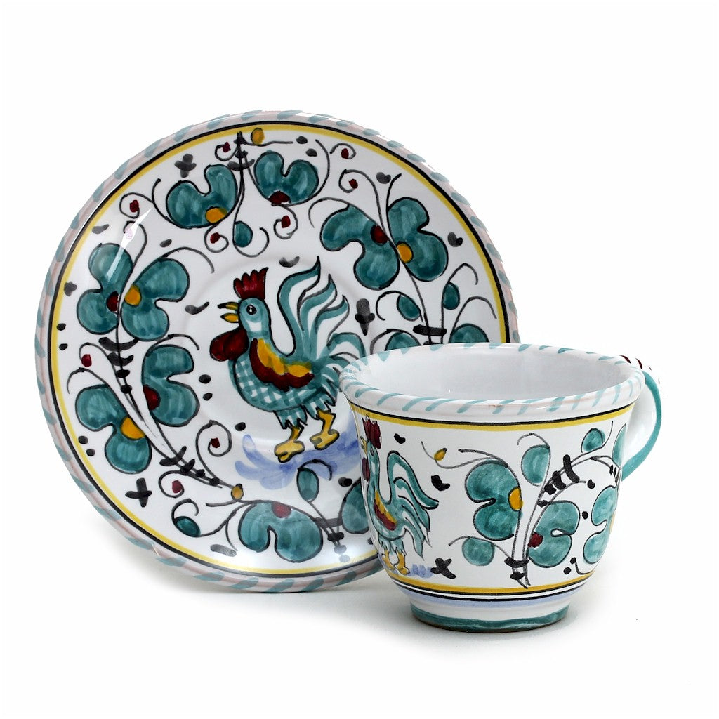 ORVIETO GREEN ROOSTER: Espresso cup and Saucer - Artistica.com