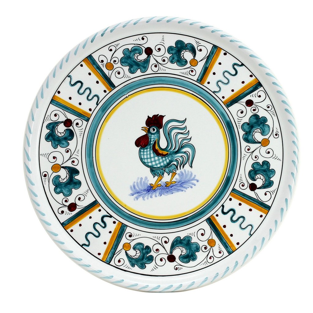 ORVIETO GREEN ROOSTER: Deruta Pizza Plate - Cake or Cheese Platter. - Artistica.com