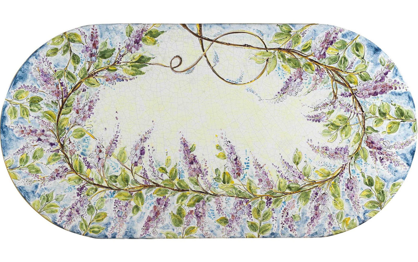 CERAMIC STONE TABLE + IRON BASE: GLICINE Design - Hand Painted in Deruta, Italy. - Artistica.com