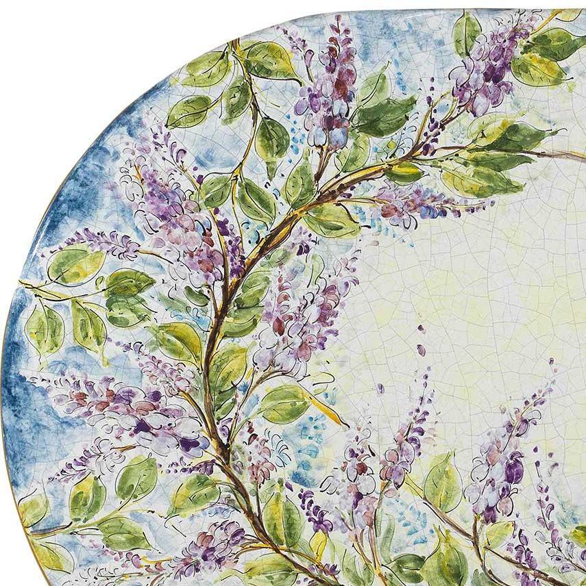 CERAMIC STONE TABLE + IRON BASE: GLICINE Design - Hand Painted in Deruta, Italy. - Artistica.com