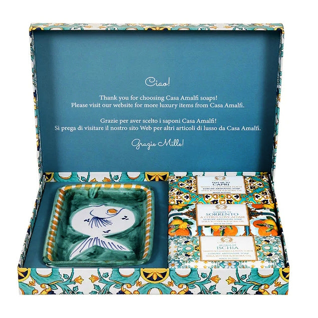 CASA AMALFI SOAPS: Scented Soap Bars with ceramic soap dish - Green Majolica Set - Artistica.com