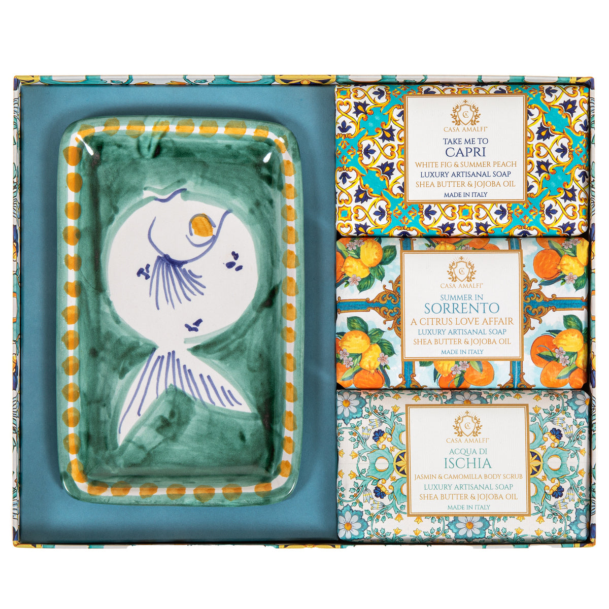 CASA AMALFI SOAPS: Scented Soap Bars with ceramic soap dish - Green Majolica Set - Artistica.com