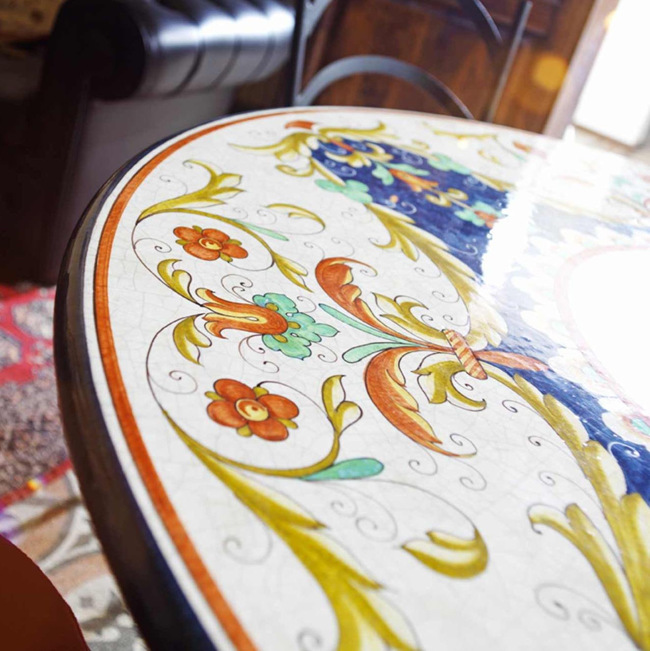 CERAMIC STONE TABLE + IRON BASE: GUBBIO Design^ - Hand Painted in Deruta, Italy. - Artistica.com