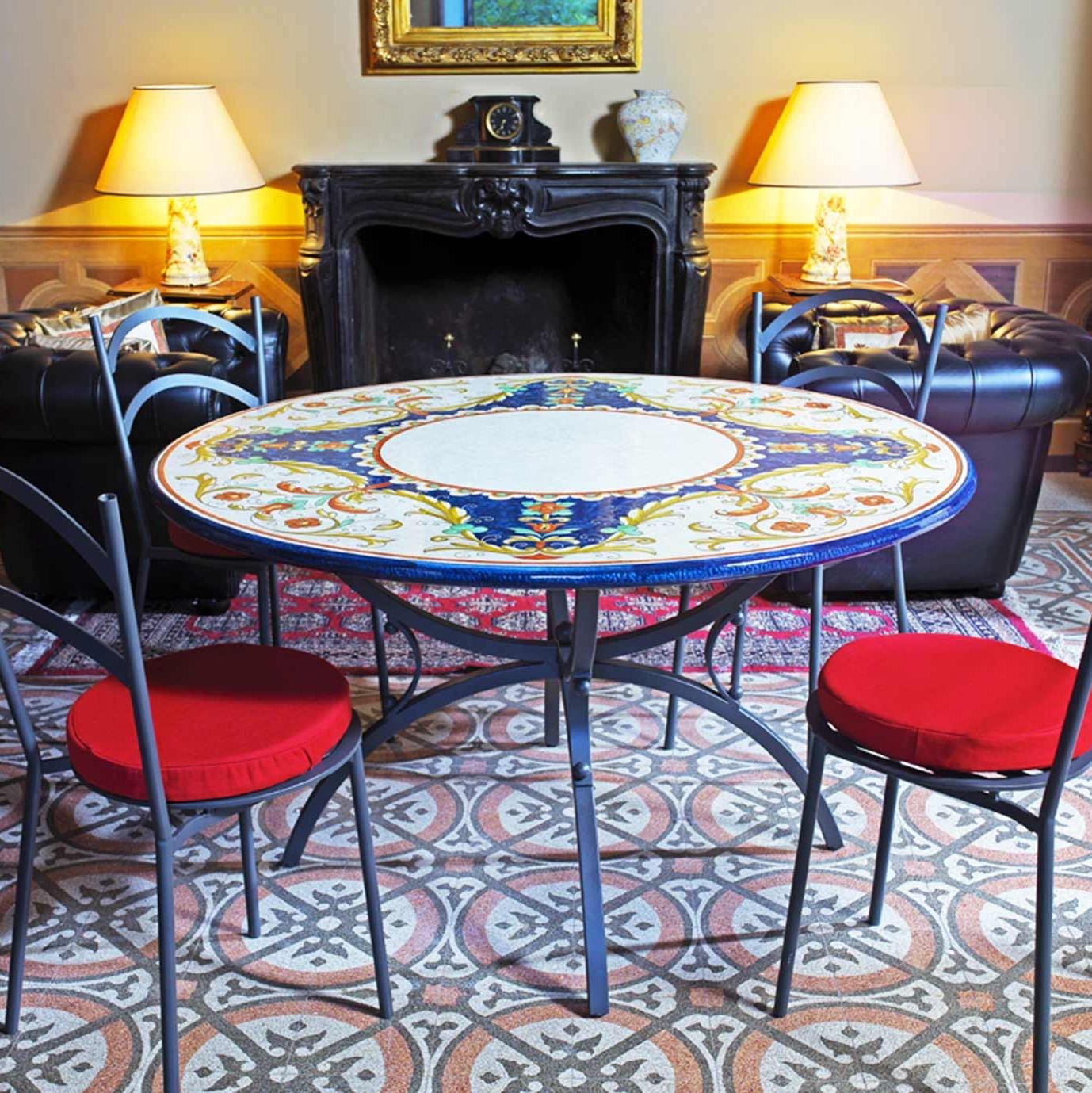 CERAMIC STONE TABLE + IRON BASE: GUBBIO Design^ - Hand Painted in Deruta, Italy. - Artistica.com
