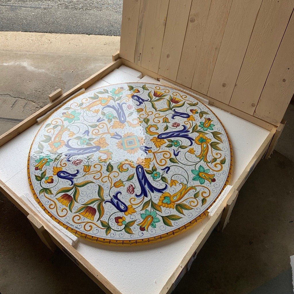 CERAMIC STONE TABLE + IRON BASE: PISA Design^ - Hand Painted in Deruta, Italy. - Artistica.com