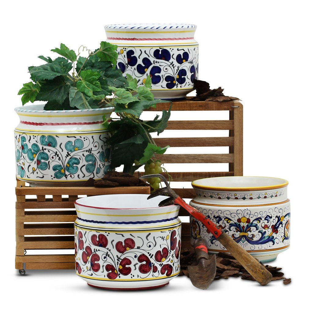 ORVIETO BLUE ROOSTER: Cylindrical Cover Pot - Cachepot Planter (Small) - Artistica.com