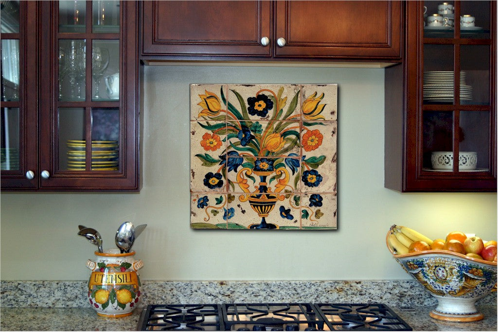 ANTICA DERUTA: WALL PANEL BACKSPLASH VASE OF FLOWER - Artistica.com
