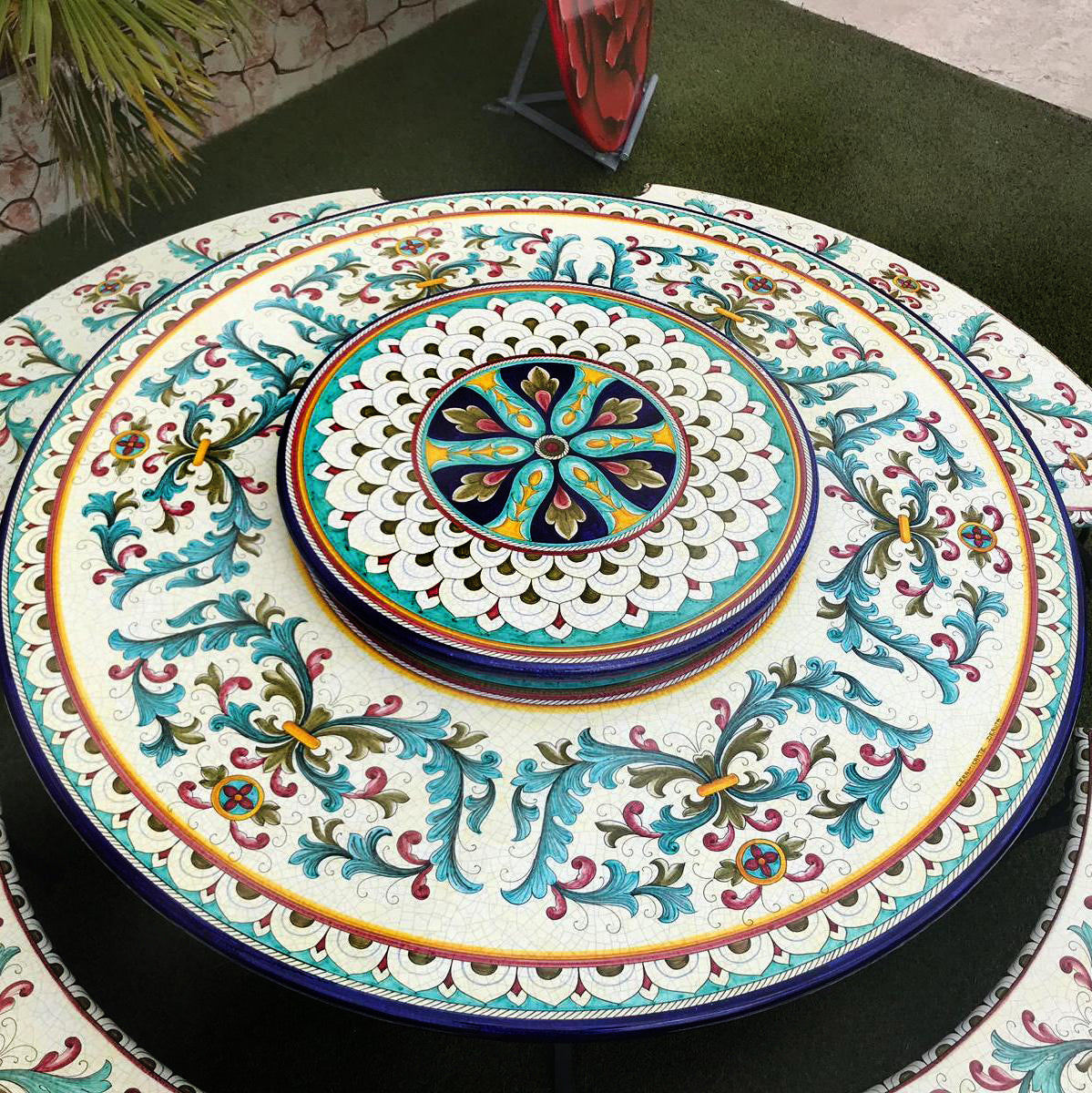 LAZY SUSAN: Ceramic-Stone Rotating Lazy Susan 46" Diam. in Deruta, Italy. - Artistica.com