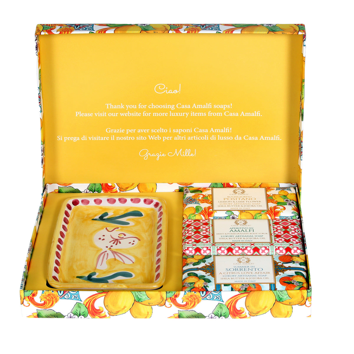 CASA AMALFI SOAPS: Scented Soap Bars with ceramic soap dish - Lemon Majolica Set - Artistica.com