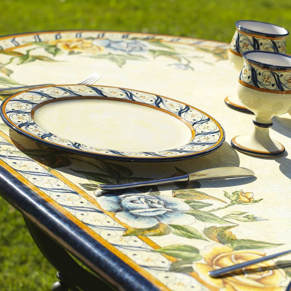 CERAMIC STONE TABLE + IRON BASE: LIVIGNO Design^ - Hand Painted in Deruta, Italy. - Artistica.com