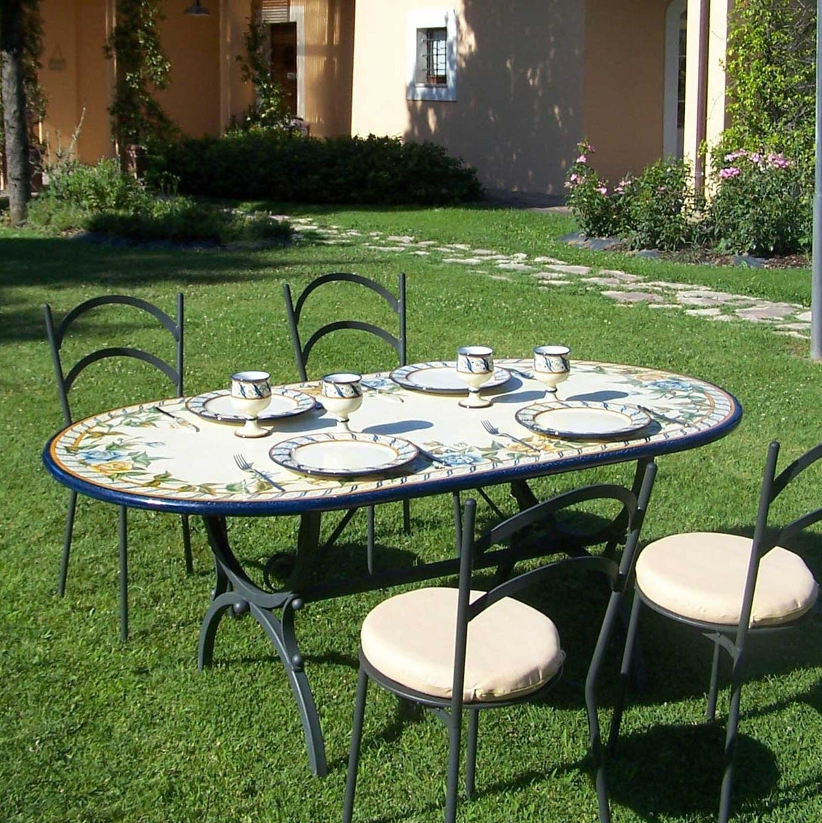 CERAMIC STONE TABLE + IRON BASE: LIVIGNO Design^ - Hand Painted in Deruta, Italy. - Artistica.com