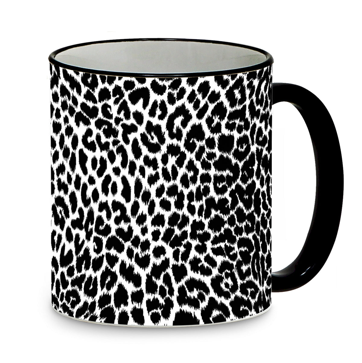 SUBLIMART: Pets Art - Beautiful Black &amp; White Leopard Design Mug with Black Rim and Handle - Artistica.com