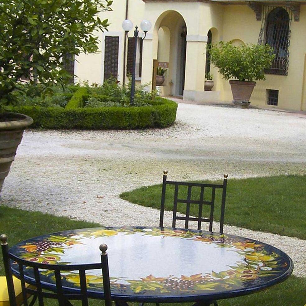 CERAMIC STONE TABLE + IRON BASE: MARATEA Design - Hand Painted in Deruta, Italy. - Artistica.com
