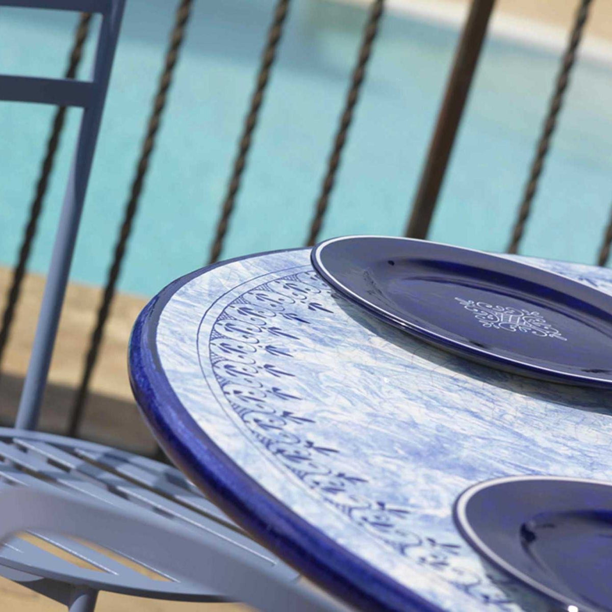 CERAMIC STONE TABLE + IRON BASE: MARSIGLIA Design - Hand Painted in Deruta, Italy. - Artistica.com