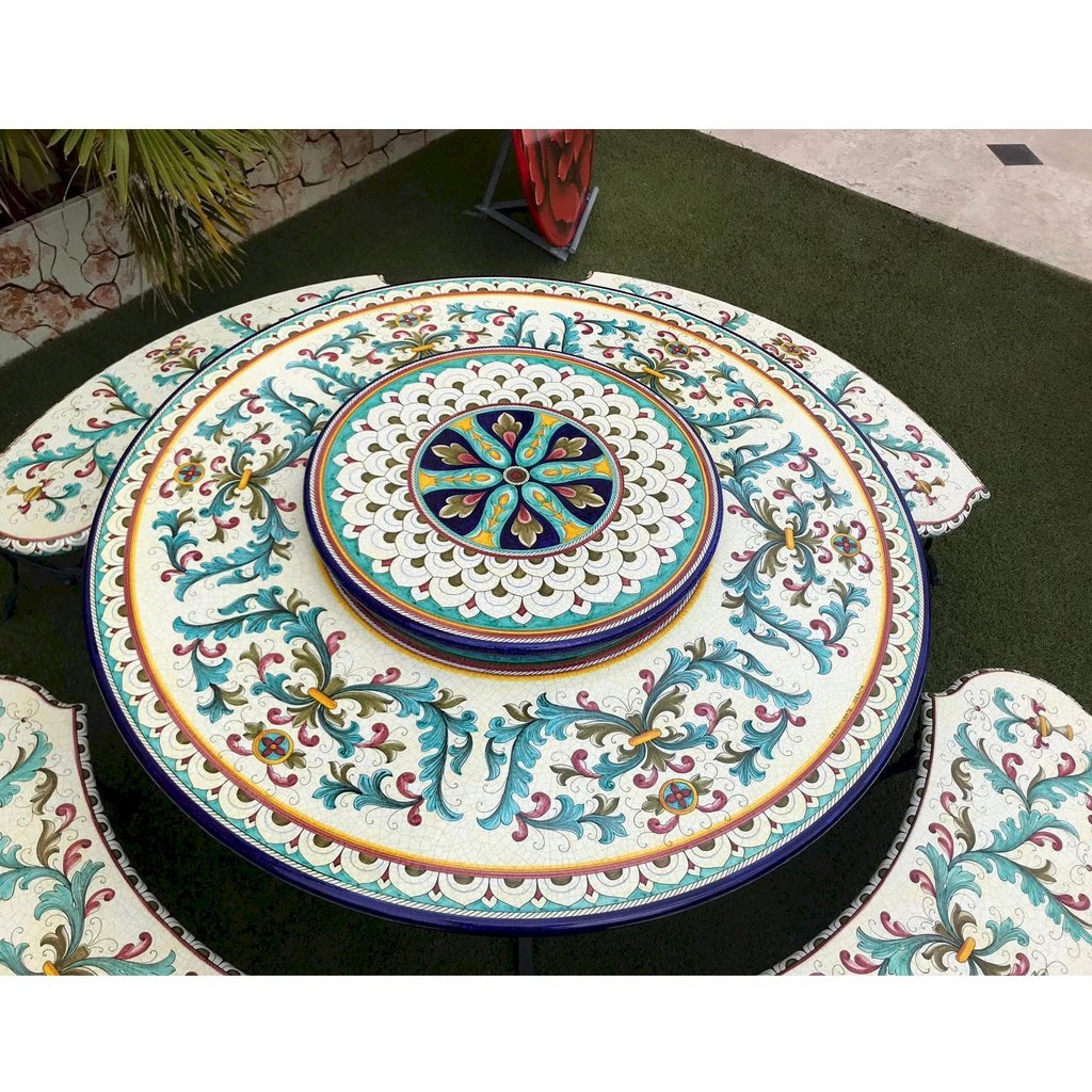 CERAMIC STONE TABLE + IRON BASE: MONREALE Design^- Hand Painted - Artistica.com