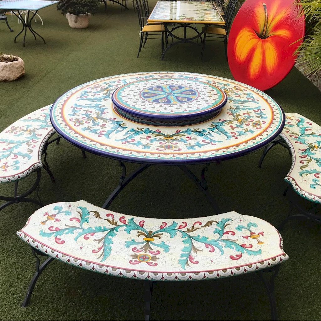 CERAMIC STONE TABLE + IRON BASE: MONREALE Design^- Hand Painted - Artistica.com