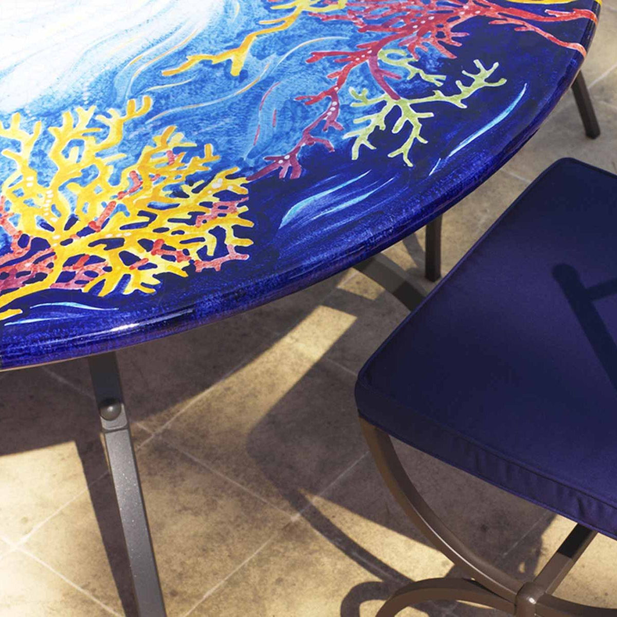 CERAMIC STONE TABLE + IRON BASE: NIZZA Design - Hand Painted in Deruta, Italy. - Artistica.com