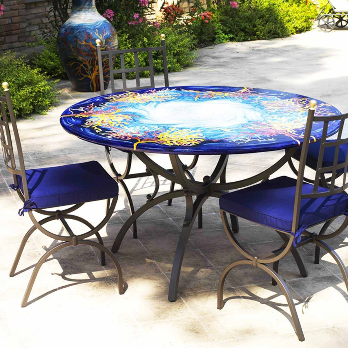 CERAMIC STONE TABLE + IRON BASE: NIZZA Design - Hand Painted in Deruta, Italy. - Artistica.com