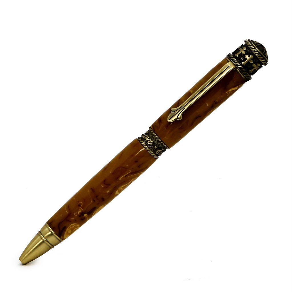 ART-PEN: Handcrafted Luxury Twist Pen - Faith Hope Love - Antique Pewter with Marble Acrylic Spicy Mustard Composite body - Artistica.com