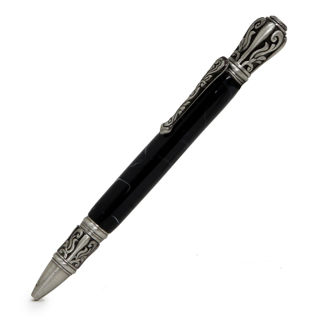 ART-PEN: Handcrafted Luxury Twist Pen - Deruta Perugino - Ant. Pewter with Marble Galaxy Black body. - Artistica.com
