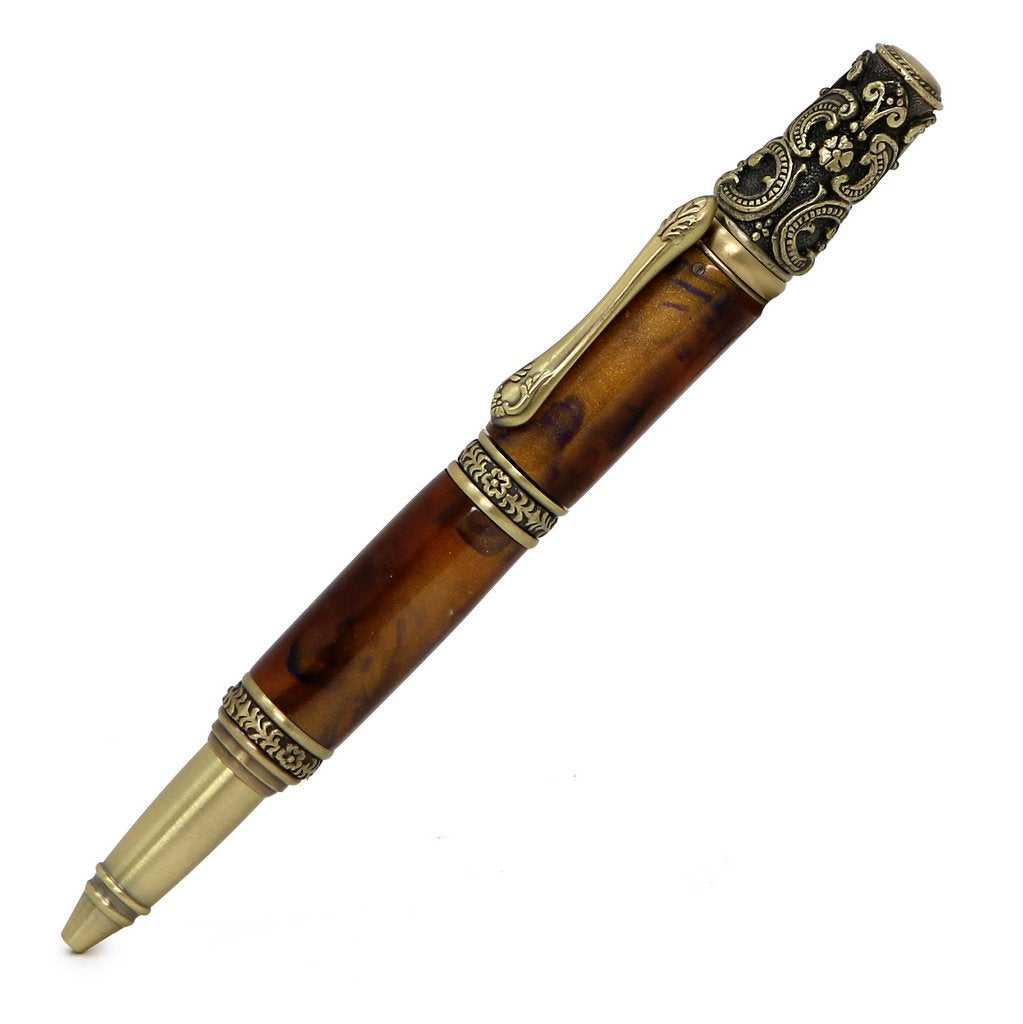 ART-PEN: Handcrafted Luxury Twist Pen - Ricco Deruta Design - Antique Brass with Marble Antique Amber Acrylic body - Artistica.com