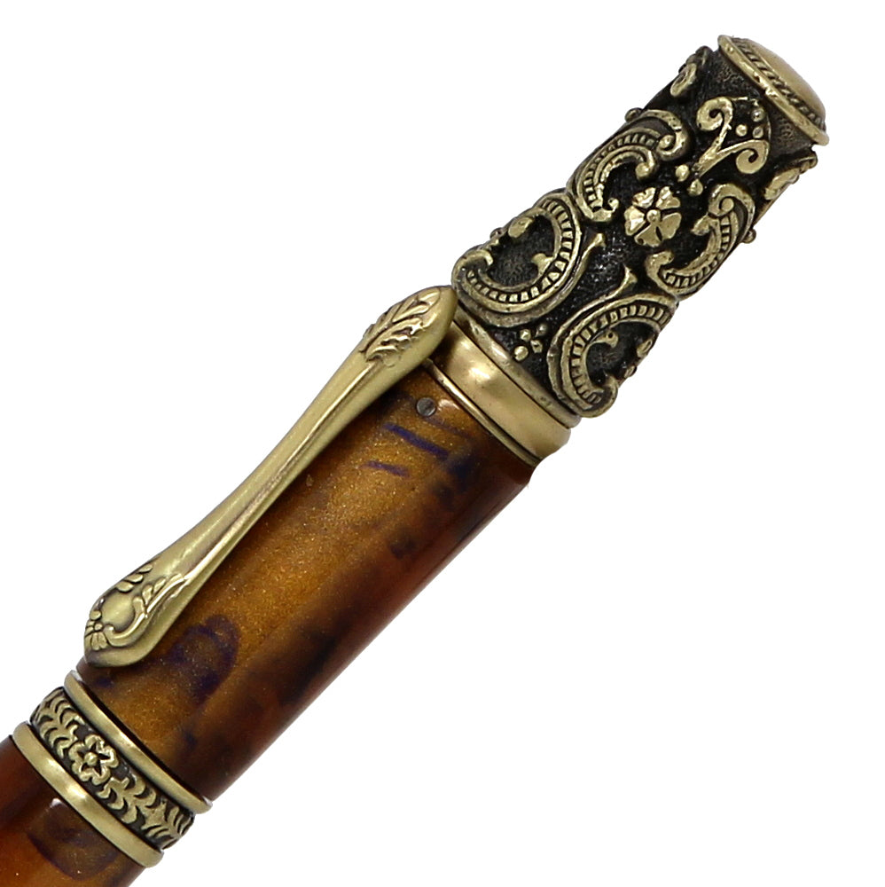ART-PEN: Handcrafted Luxury Twist Pen - Ricco Deruta Design - Antique Brass with Marble Antique Amber Acrylic body - Artistica.com