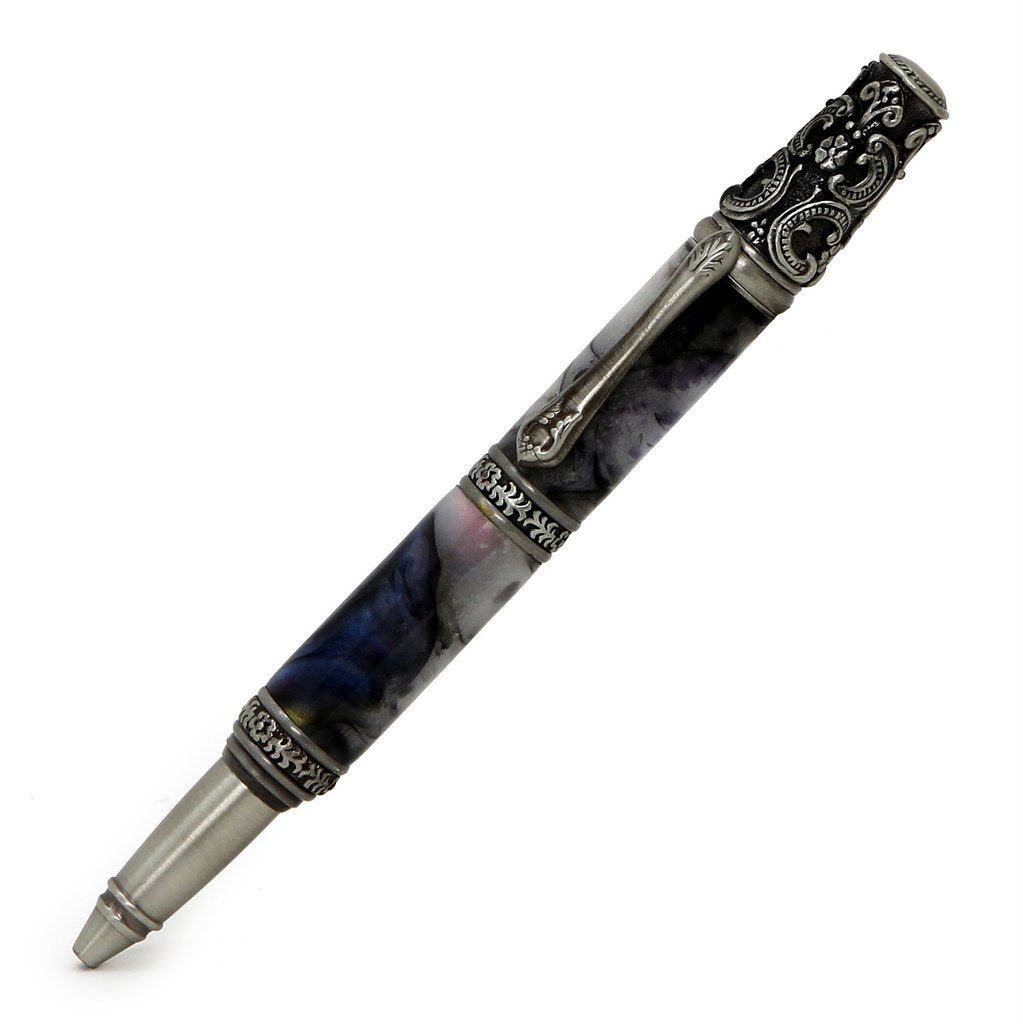 ART-PEN: Handcrafted Luxury Twist Pen - Ricco Deruta Design - Antique Pewter with Marble White/Blk Swirl Acrylic body - Artistica.com