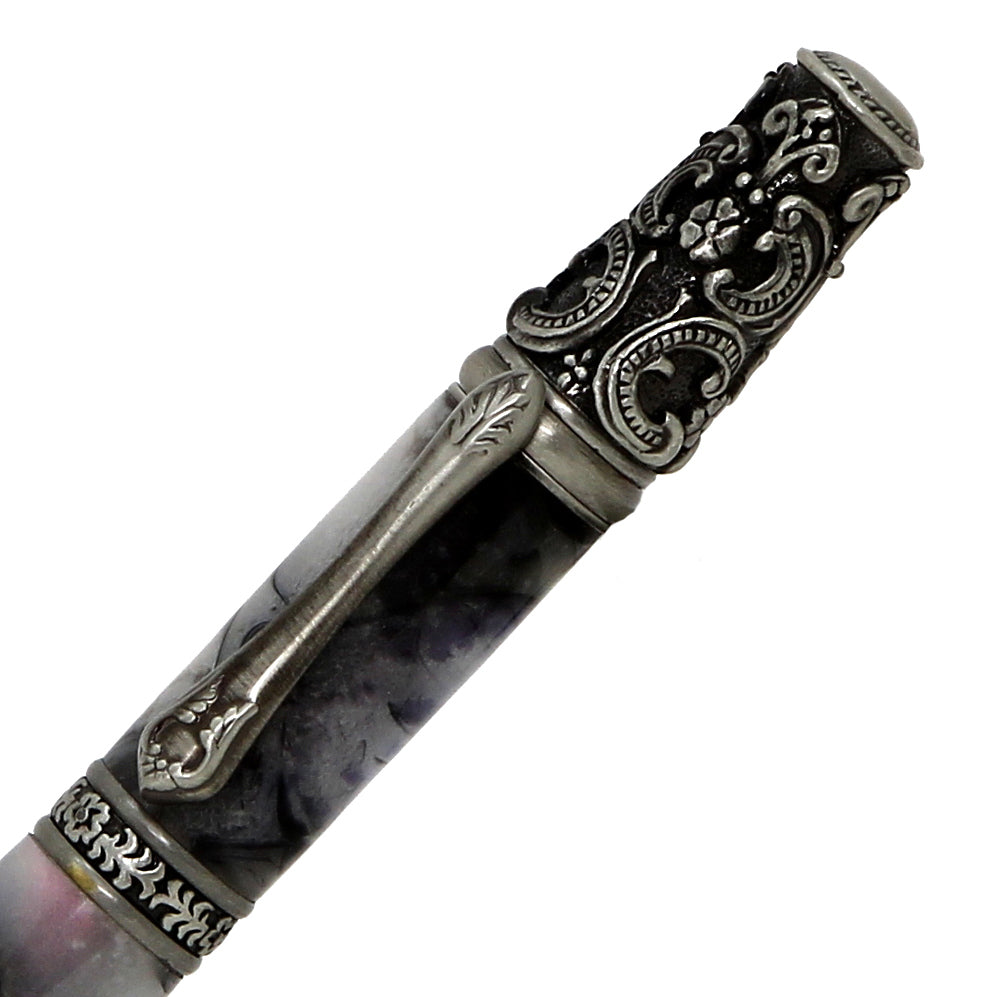 ART-PEN: Handcrafted Luxury Twist Pen - Ricco Deruta Design - Antique Pewter with Marble White/Blk Swirl Acrylic body - Artistica.com