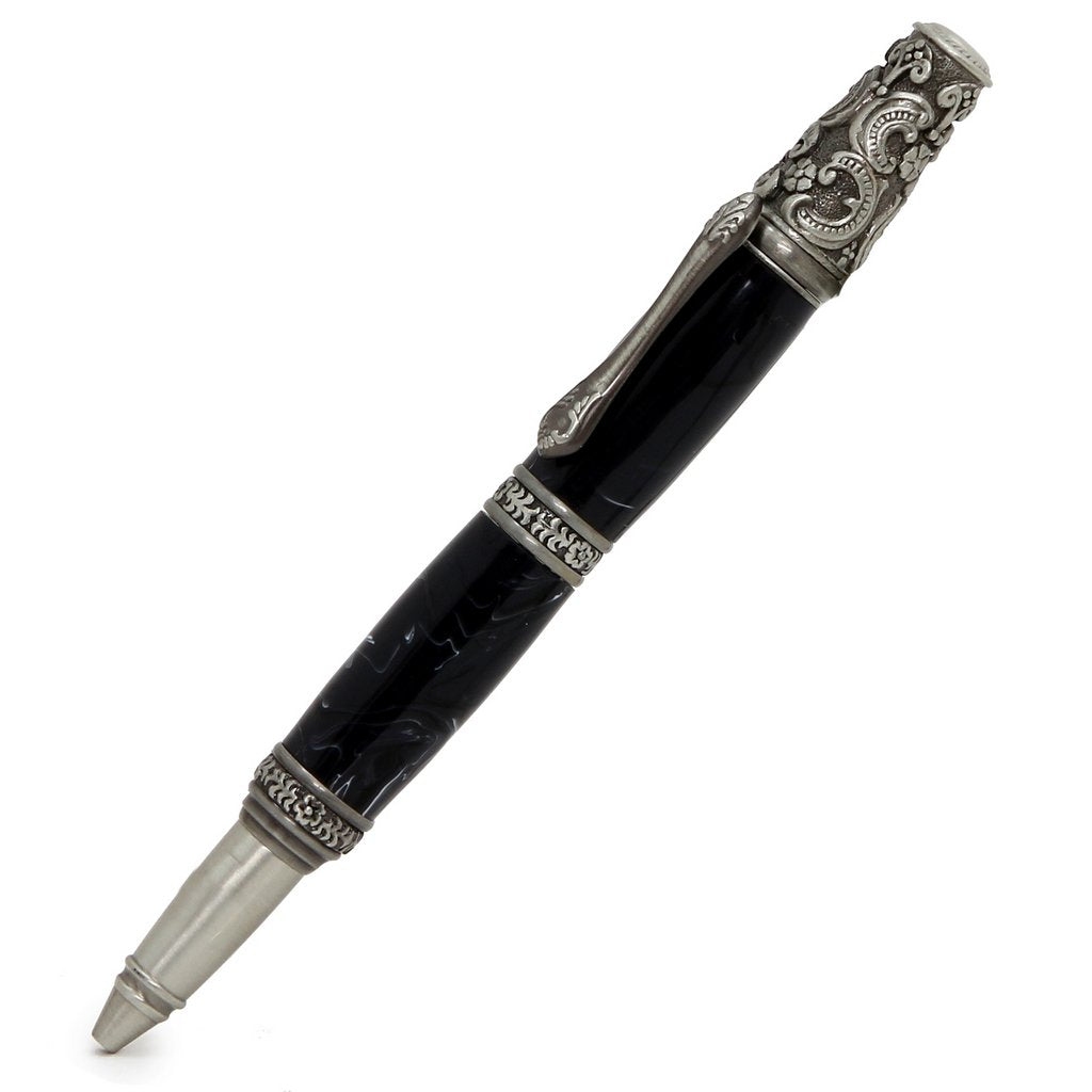 ART-PEN: Handcrafted Luxury Twist Pen - Ricco Deruta Design - Antique Pewter with Marble Acrylic Midnight body - Artistica.com