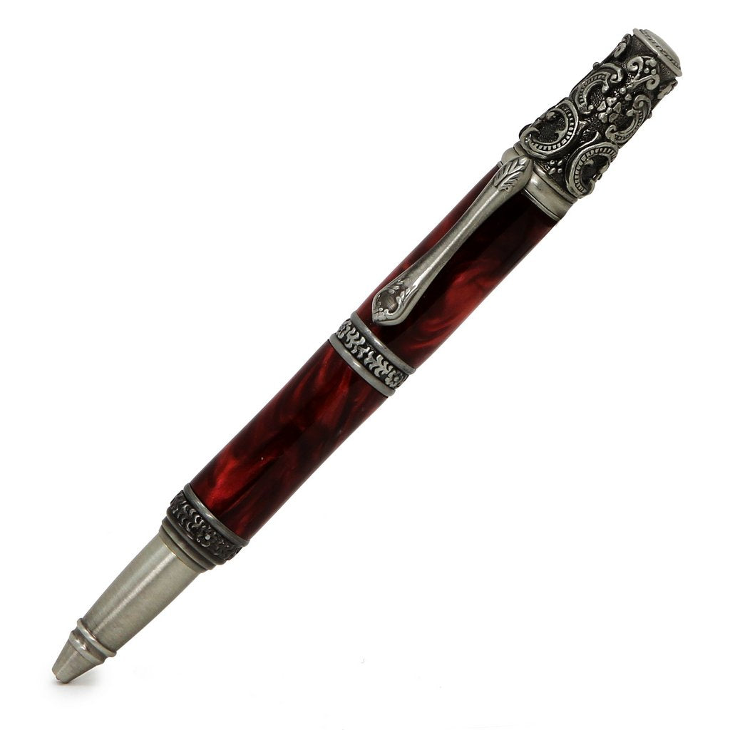 ART-PEN: Handcrafted Luxury Twist Pen - Ricco Deruta Design - Antique Pewter with Synthetic Burl Bright Red Acrylic body - Artistica.com