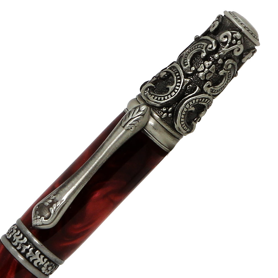 ART-PEN: Handcrafted Luxury Twist Pen - Ricco Deruta Design - Antique Pewter with Synthetic Burl Bright Red Acrylic body - Artistica.com