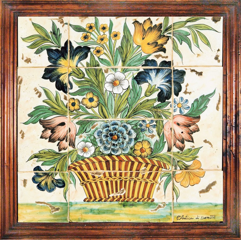 ANTICA DERUTA: Hand Painted Framed Ceramic Tiles Panel - Flower - Artistica.com