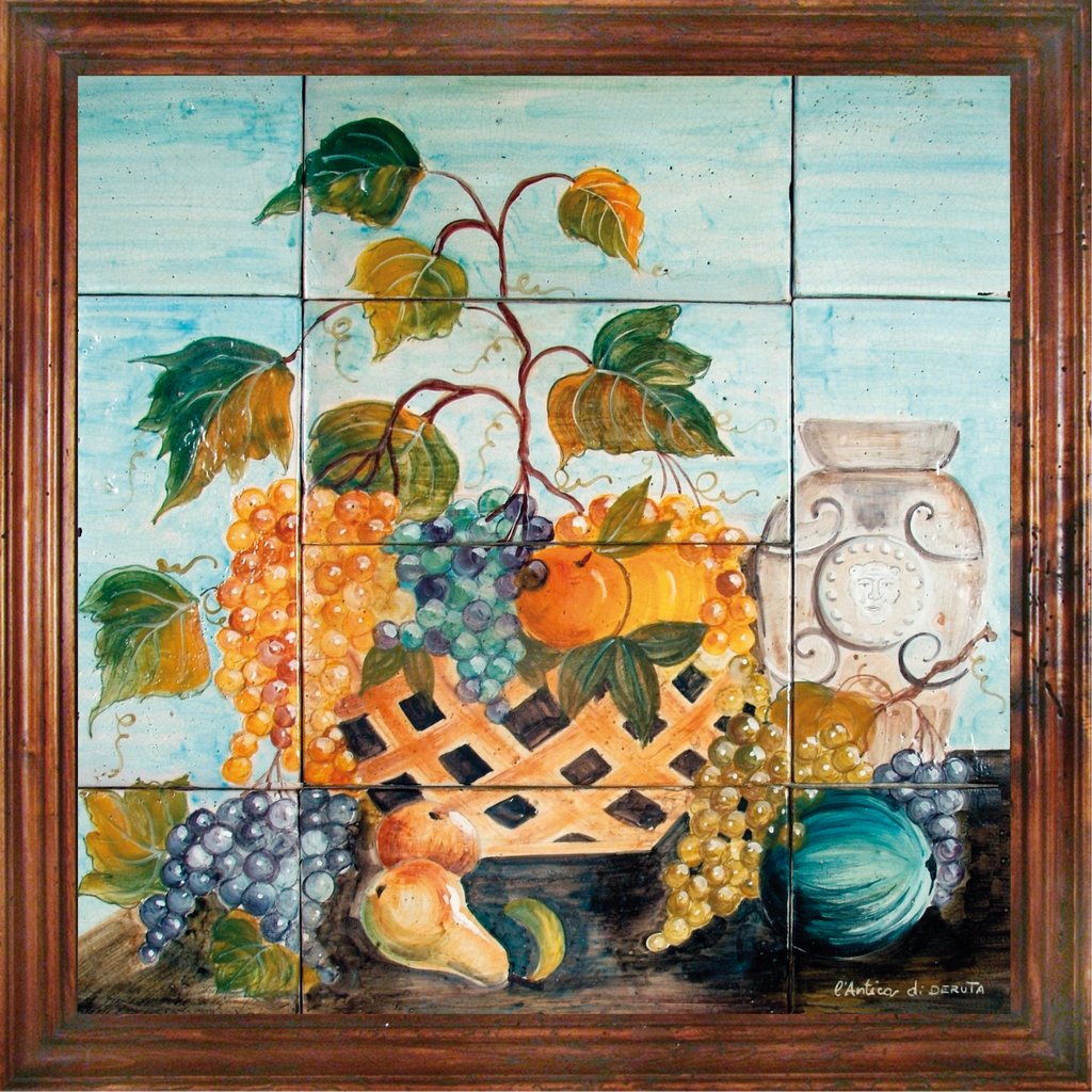 ANTICA DERUTA: Hand Painted Framed Ceramic Tiles Panel - Flower - Artistica.com