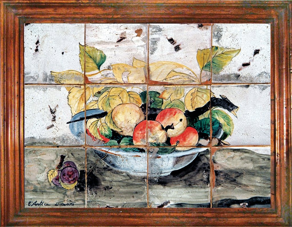 ANTICA DERUTA: Hand Painted Framed Ceramic Tiles Panel - Fruit on bowl - Artistica.com