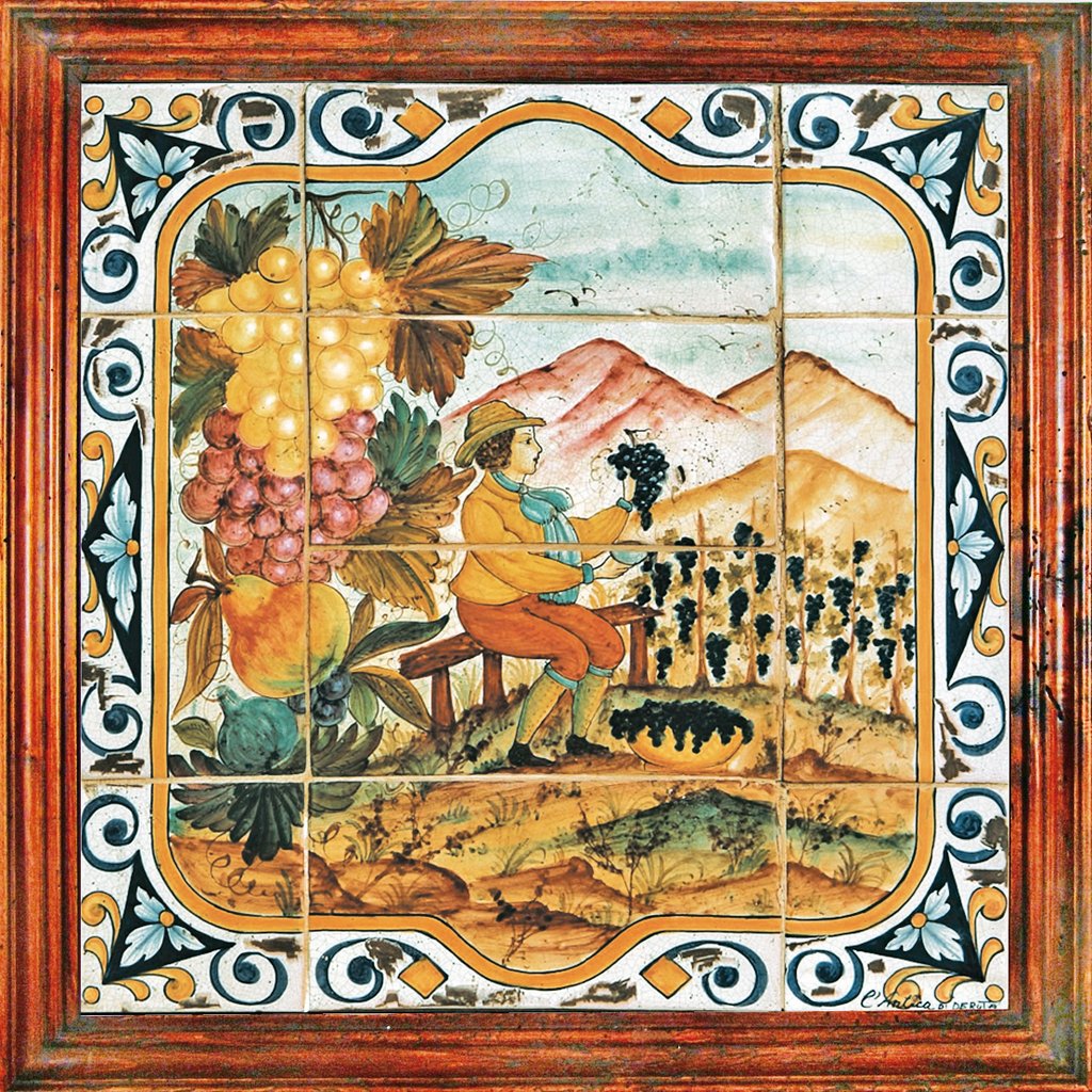 ANTICA DERUTA: Hand Painted Framed Ceramic Tiles Panel - Season AUTUMN - Artistica.com