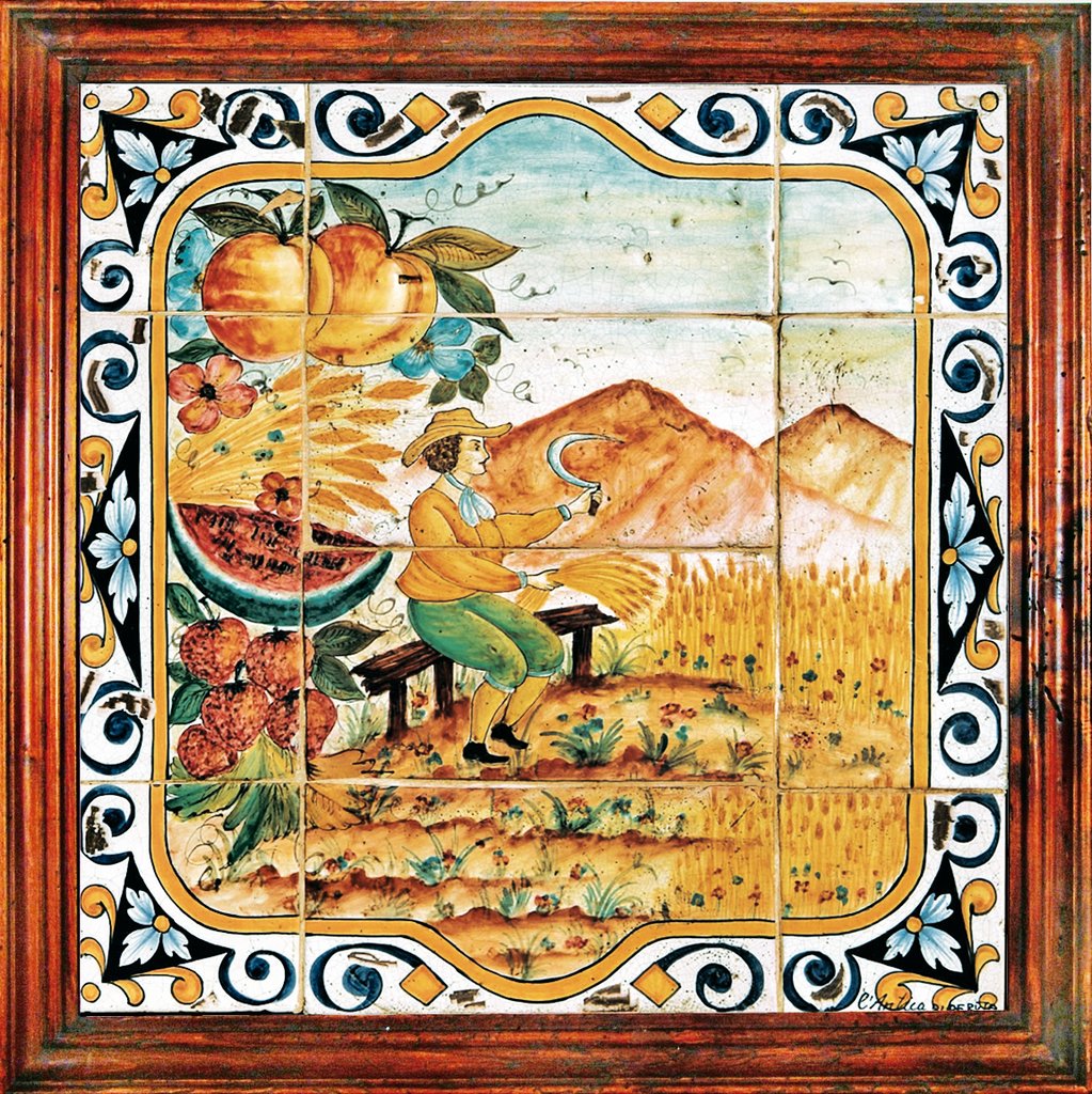 ANTICA DERUTA: Hand Painted Framed Ceramic Tiles Panel - Season SUMMER - Artistica.com