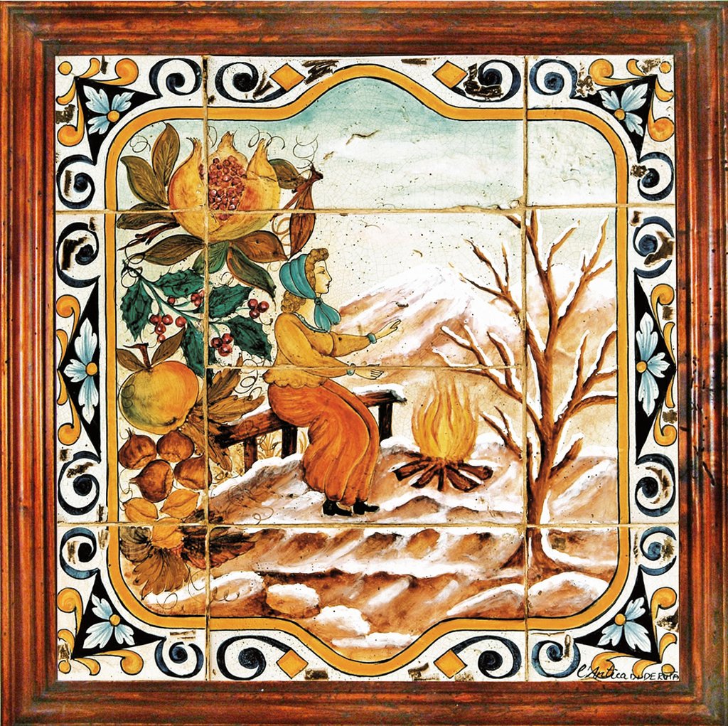 ANTICA DERUTA: Hand Painted Framed Ceramic Tiles Panel - Season WINTER - Artistica.com