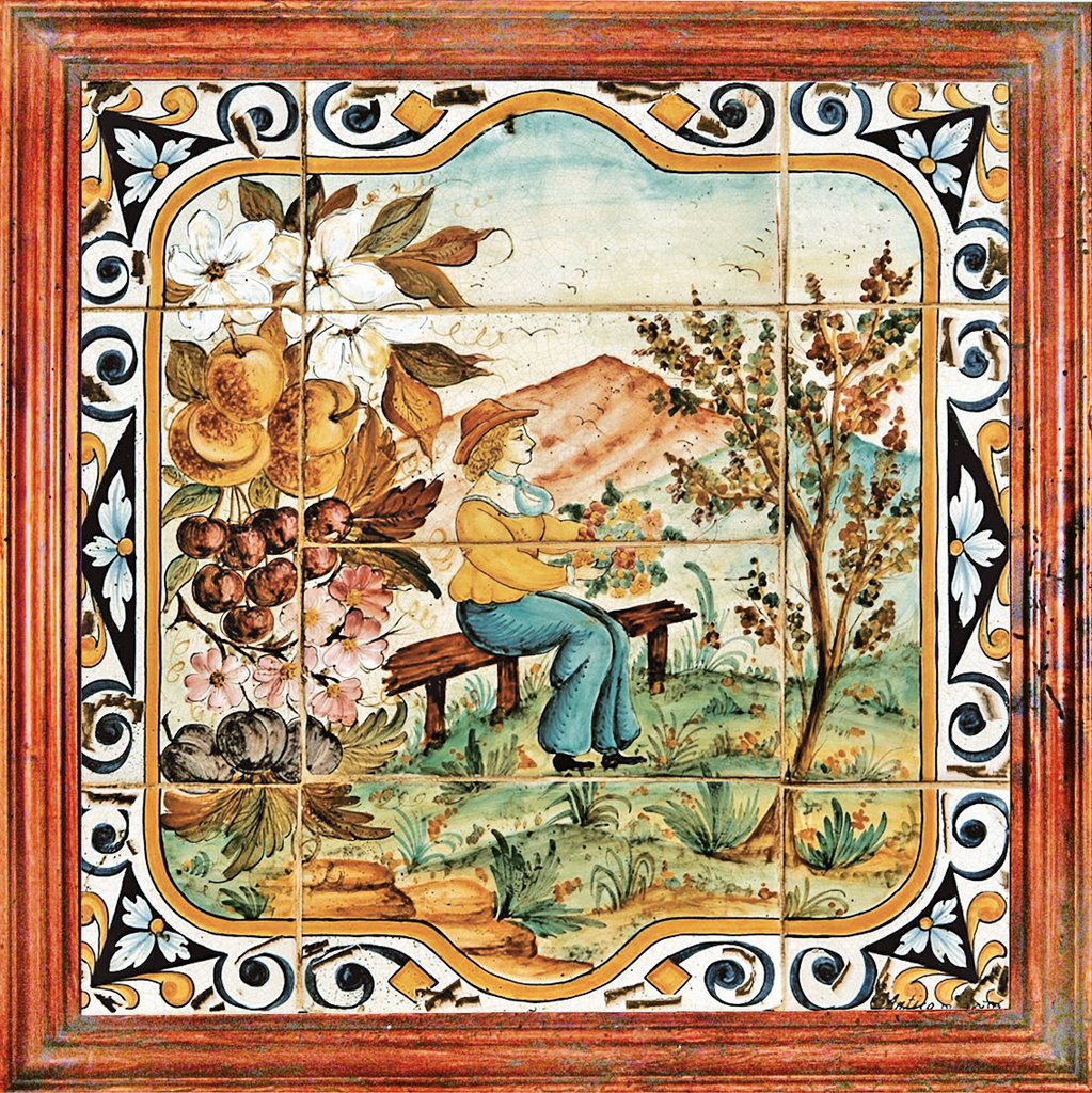 ANTICA DERUTA: Hand Painted Framed Ceramic Tiles Panel - Season SPRING - Artistica.com