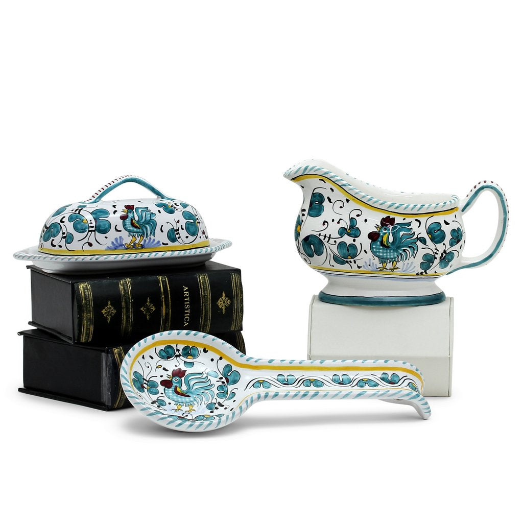 ORVIETO GREEN ROOSTER: Bundle with Butter Dish + Sauce Boat + Spoon Rest - Artistica.com