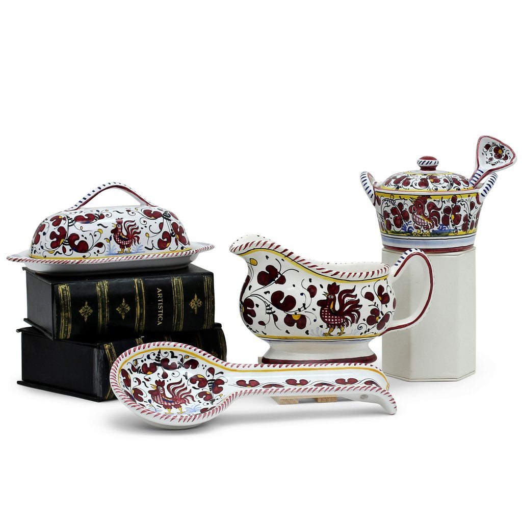 ORVIETO RED ROOSTER: Bundle with Butter Dish + Sauce Boat + Parmesan Bowl + Spoon Rest