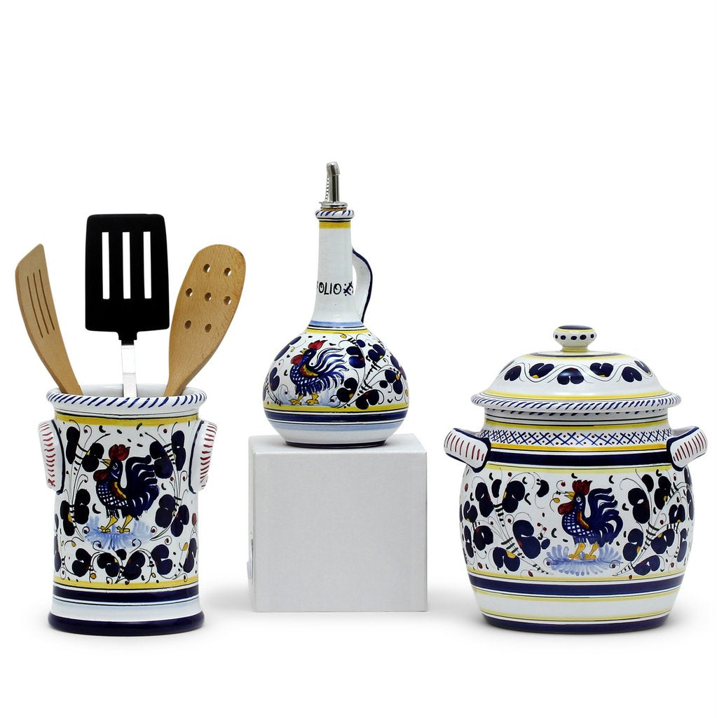 ORVIETO BLUE ROOSTER: Bundle with Utensil Holder + Olive Oil Dispenser + Biscotti Jar - Artistica.com