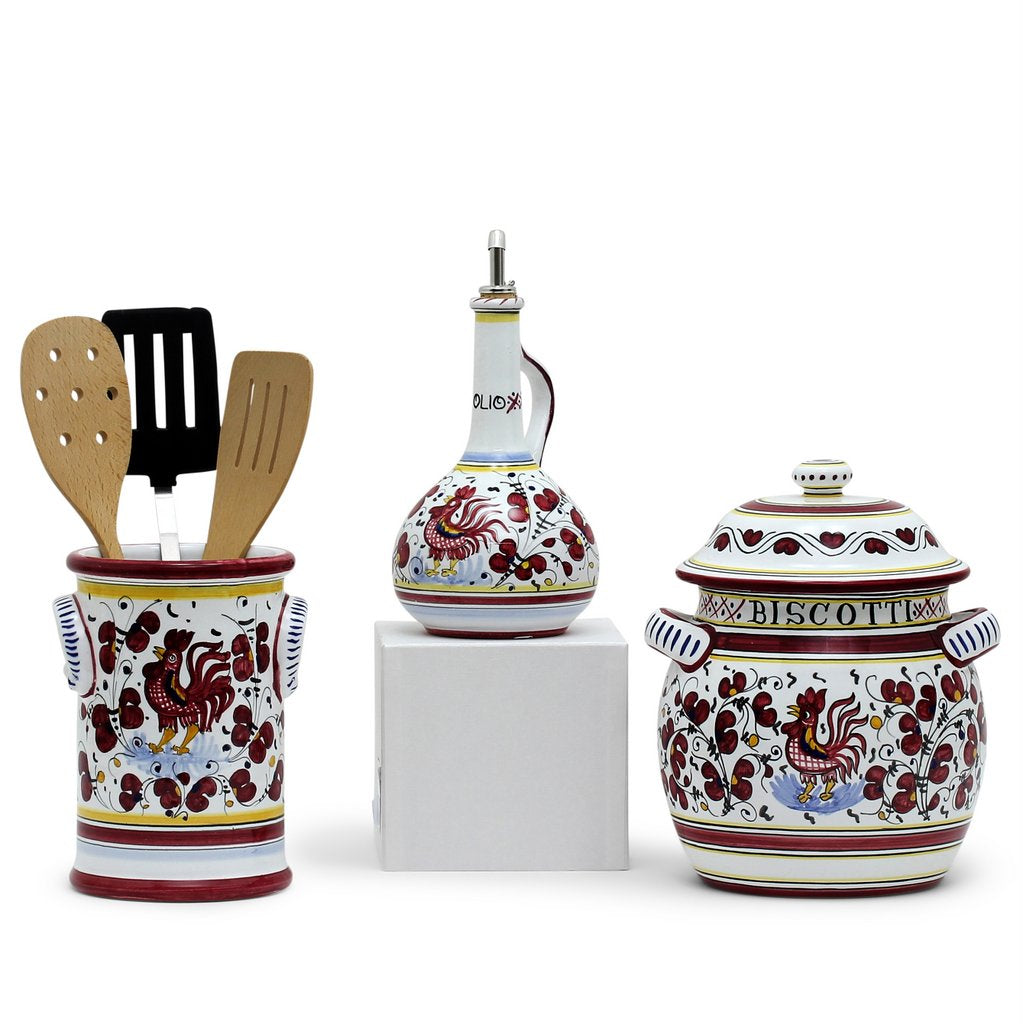 ORVIETO RED ROOSTER: Bundle with Utensil Holder + Olive Oil Dispenser + Biscotti Jar - Artistica.com