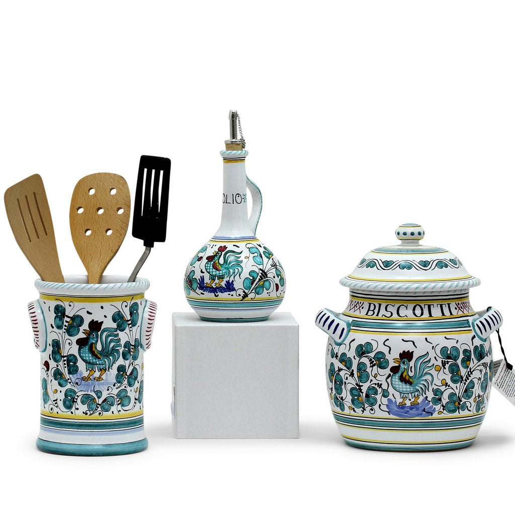 ORVIETO GREEN ROOSTER: Bundle with Utensil Holder + Olive Oil Dispenser + Biscotti Jar - Artistica.com