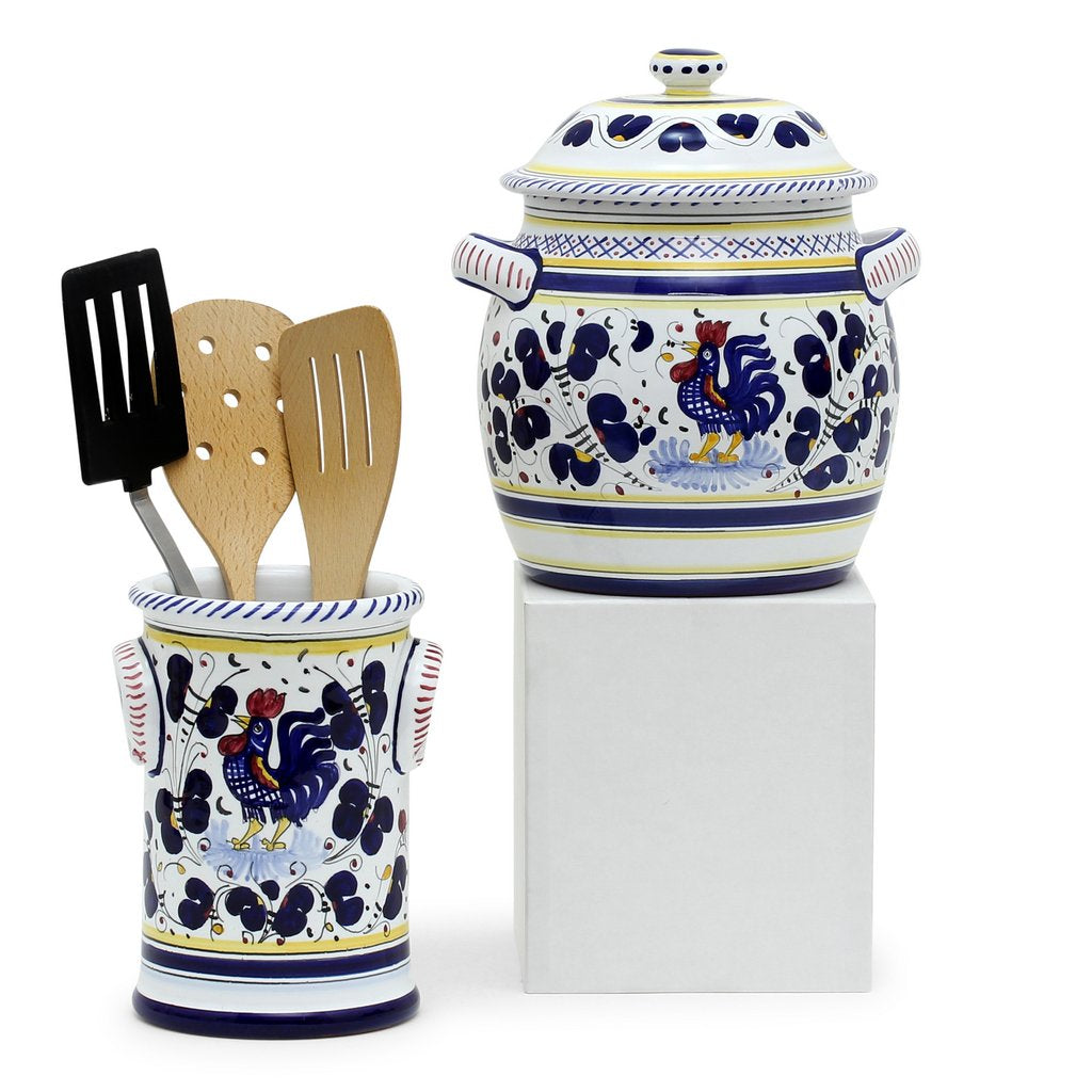 ORVIETO BLUE ROOSTER: Bundle with Utensil Holder + Biscotti Jar - Artistica.com